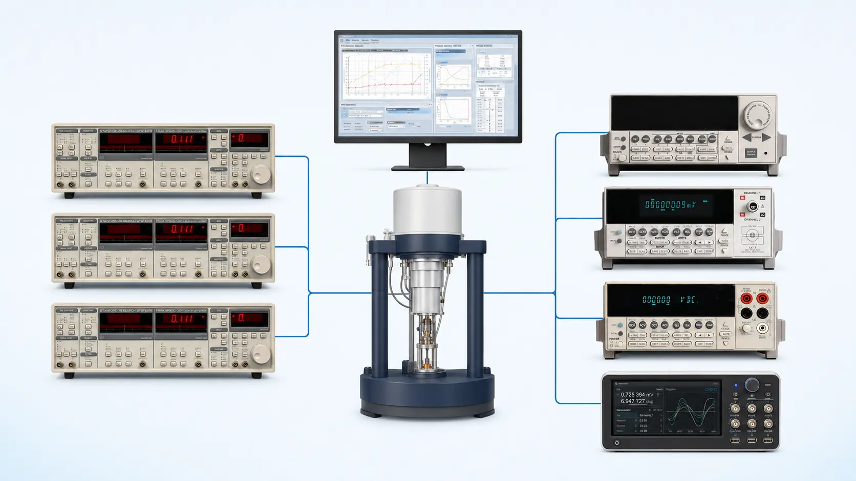 Illustrative PPMS and DynaCool measurement system connected to three SR830 lock-ins, Keithley sources and meters, and an MFLI under Instraxis Control